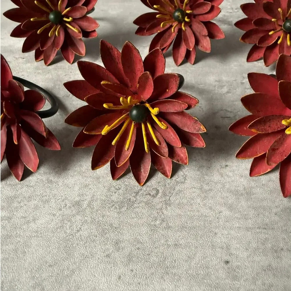 Pier 1 Metal Chrysanthemum Flower Napkin Rings Rustic Red Yellow Pistil Set of 8